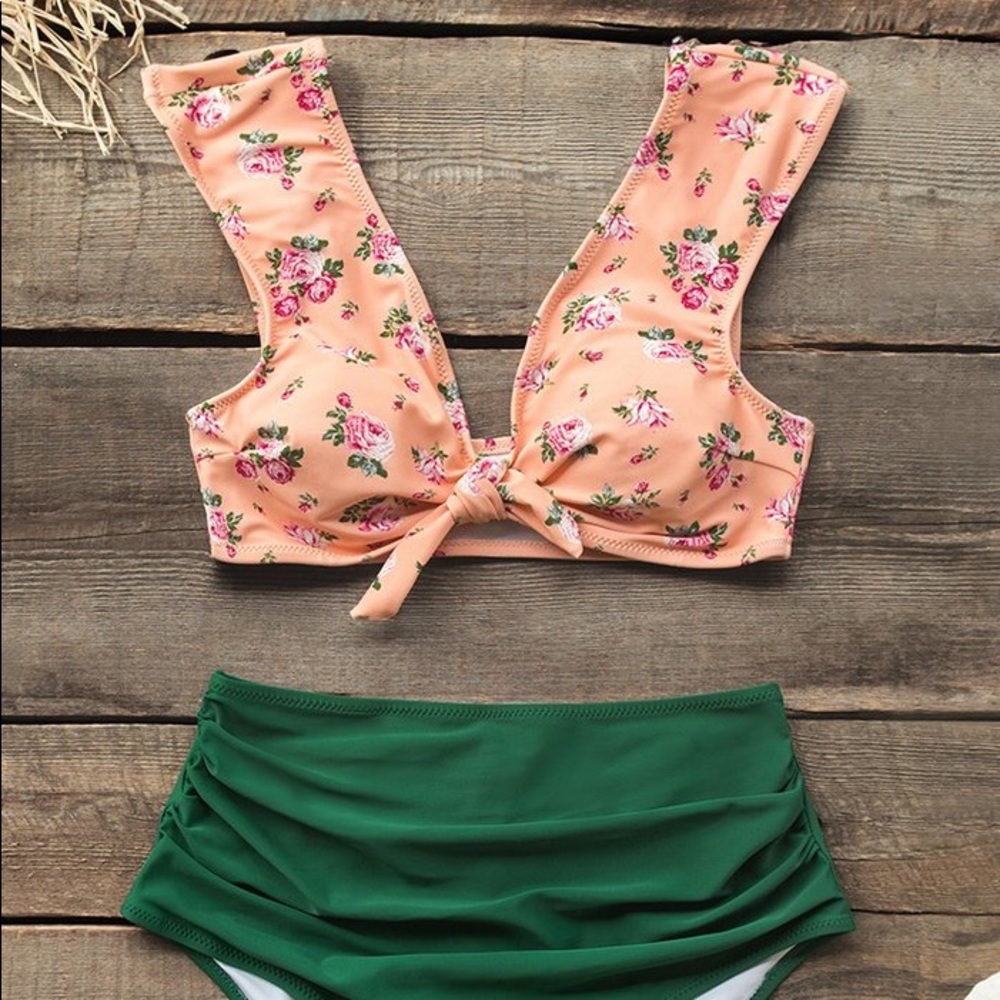 FRONT-KNOT PINK AND GREEN HIGH-WAISTED BIKINI